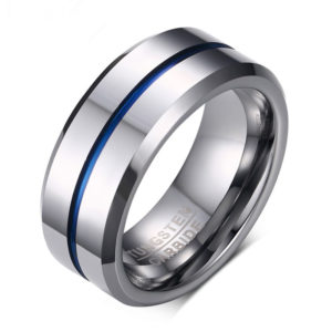 Blue Lined Tungsten Carbide Wedding Band Ring